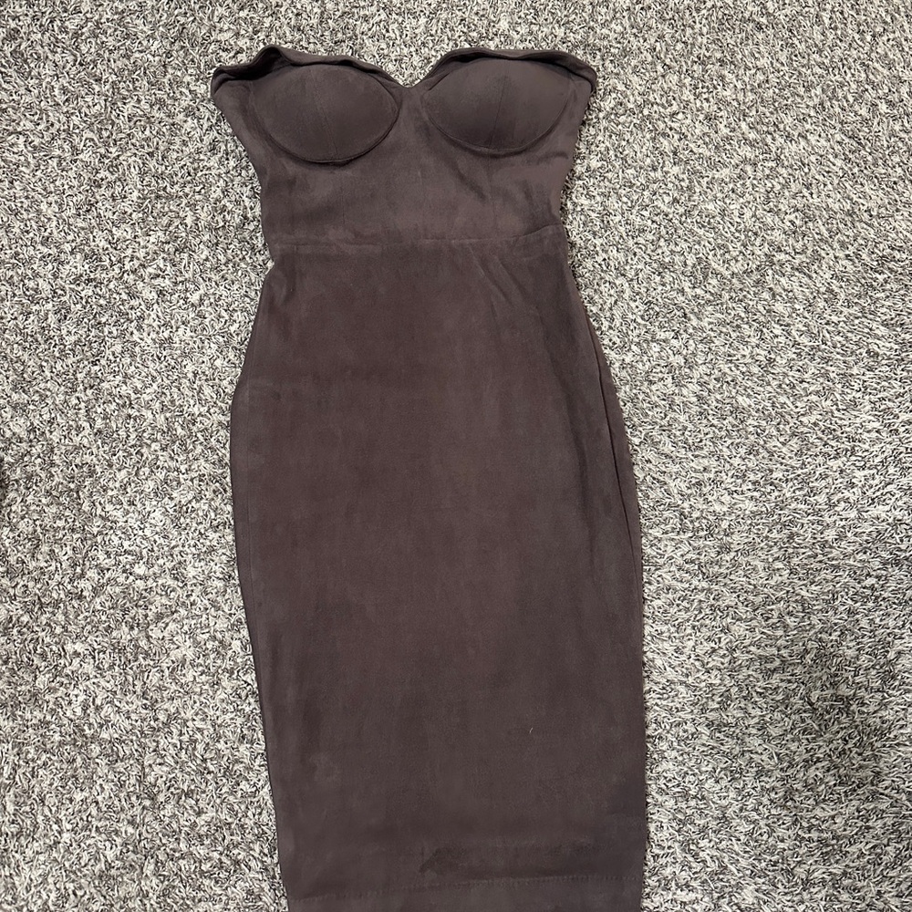 Elegant Brown Strapless Dress- material is suede